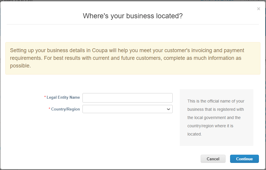 Screenshot of business location form on the Coupa Supplier Portal.
